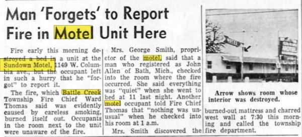 Sundown Motel (Sun Down Motel) - April 1958 Room Fire